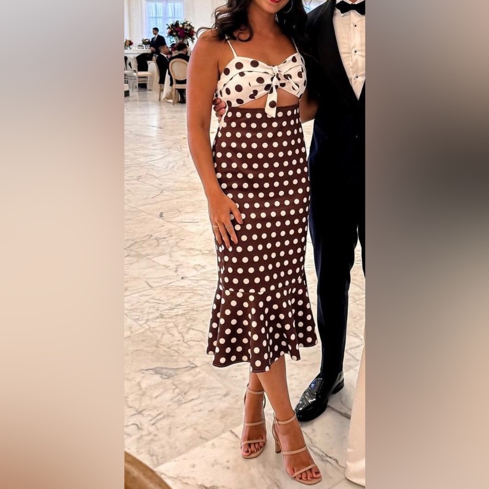 Polka Dot Brown & White Cutout Midi Dress Size 4
